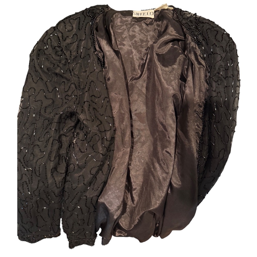 Sweelo Vintage Black Silk Beaded Evening Jacket Open Front Bolero Size M 8-10